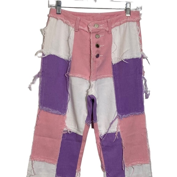 SHEIN Patchwork JeansButton-Front Size Small Purple Pink White Patchwork - Picture 2 of 12